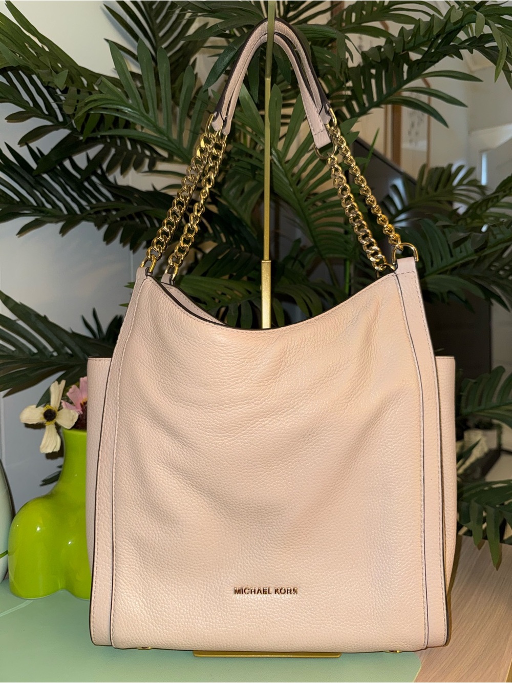 Michael Kors Pebbled Leather Large Shoulder Bag with Gold Chain Strap